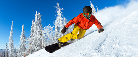 A snowboarder carving through deep powder past snow-covered pines